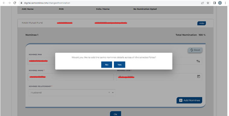 Option To Add Same Nominee Details Across The Selected Folios